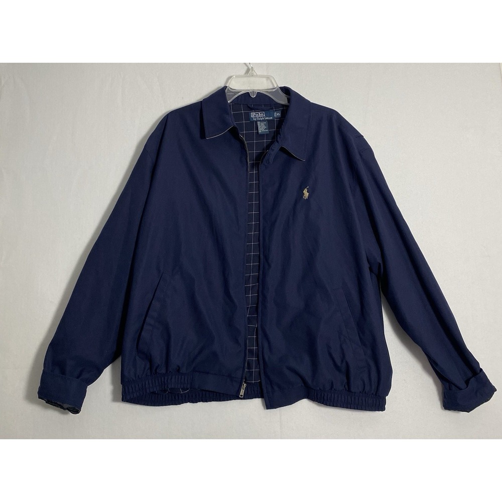 Polo Ralph Lauren Mens XL Navy Blue Harrington Jacket Windbreaker Check Lined